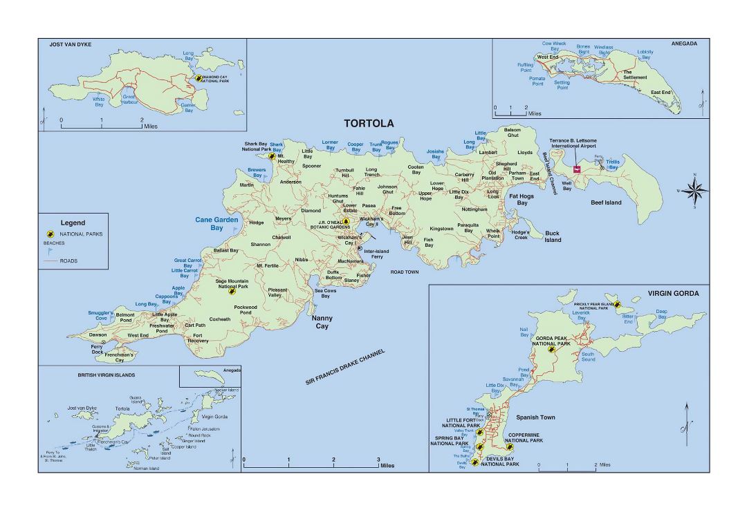 Большая карта Тортолы, Британских Виргинских островов с другими пометками