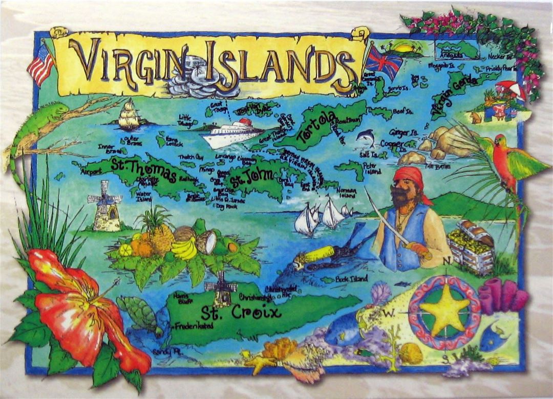 Большая туристическая иллюстрированная карта Британских Виргинских островов