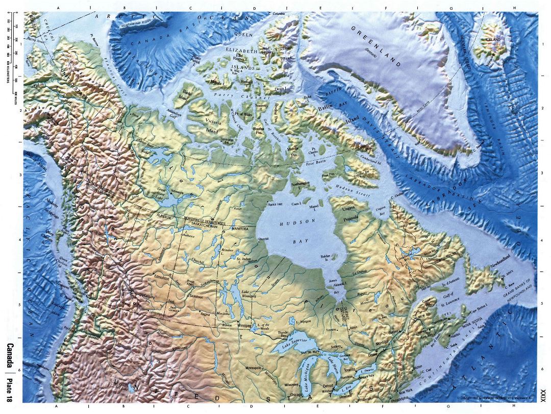 Подробная физическая карта Канады