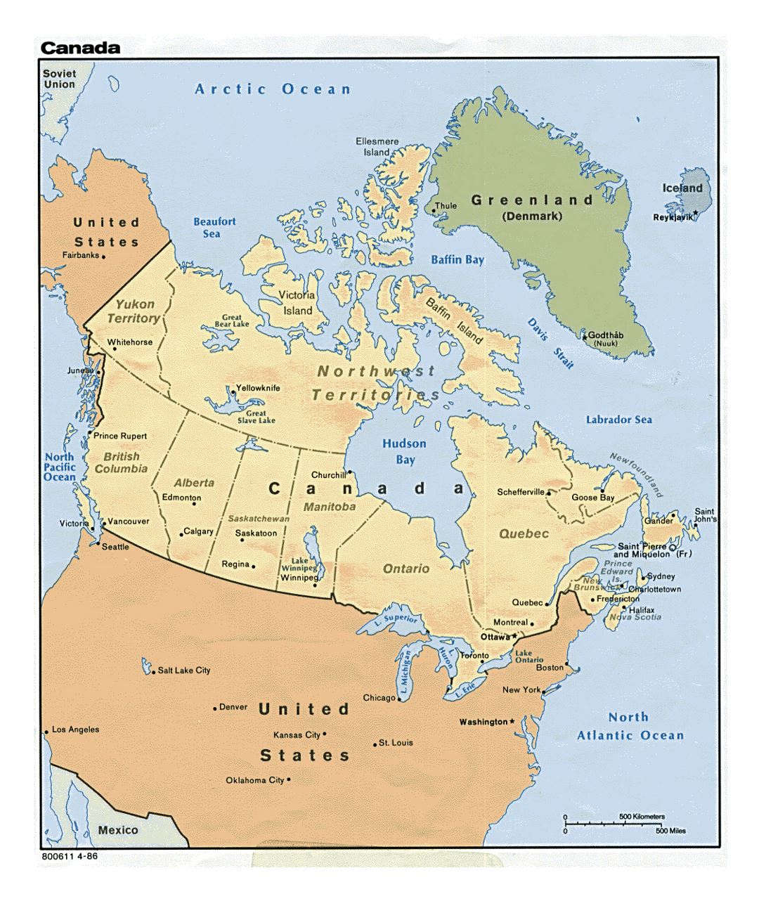 Детальная политическая и административная карта Канады с крупными городами - 1986
