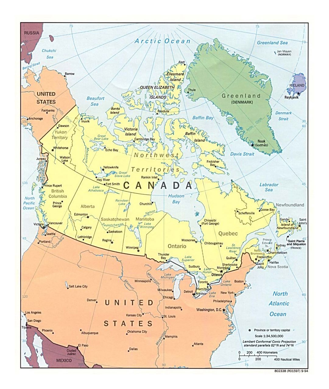Детальная политическая и административная карта Канады с крупными городами - 1994