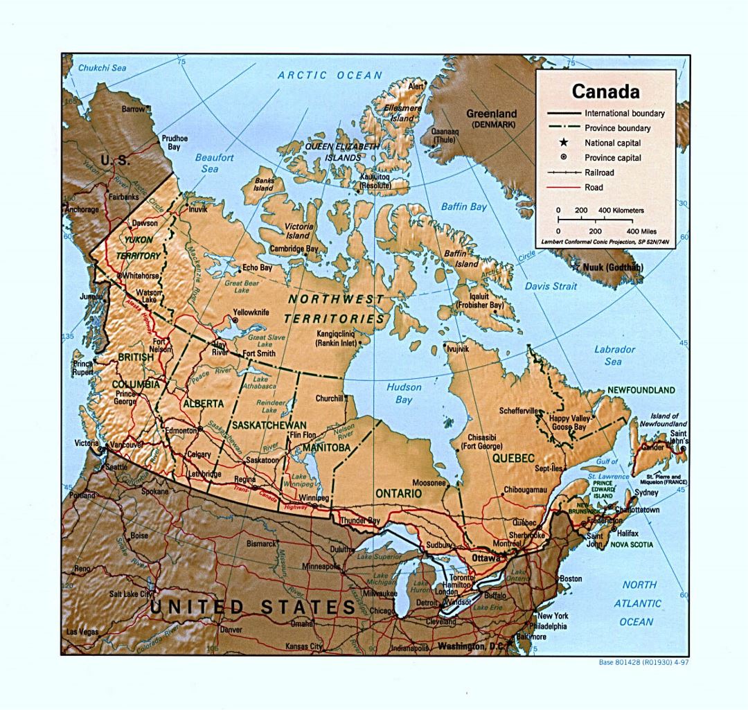 Детальная политическая и административная карта Канады с рельефом, дорогами, железными дорогами и крупными городами - 1997