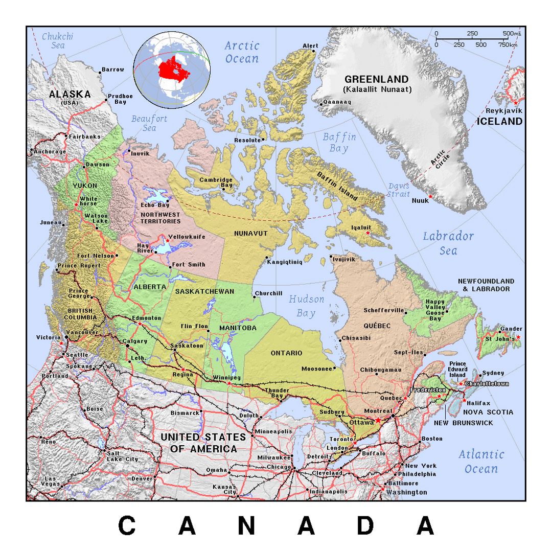 Подробная политическая и административная карта Канады с рельефом
