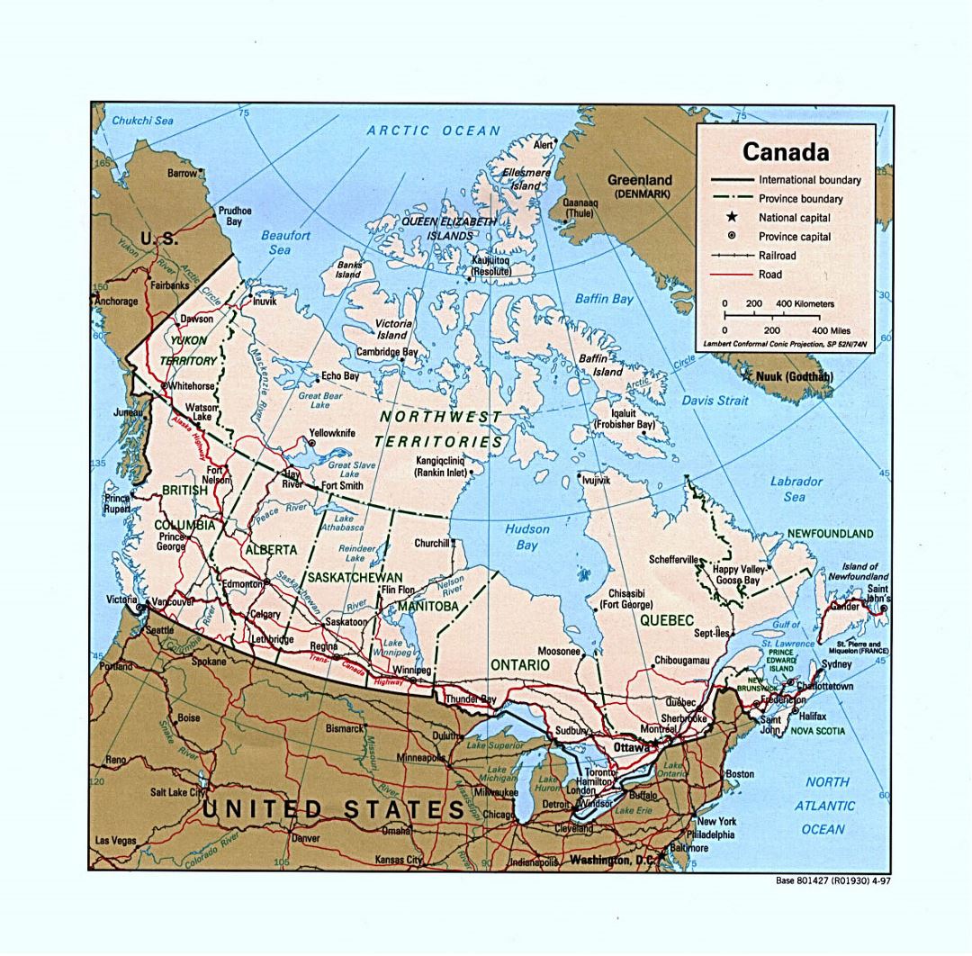 Детальная политическая и административная карта Канады с дорогами, железными дорогами и крупными городами - 1997