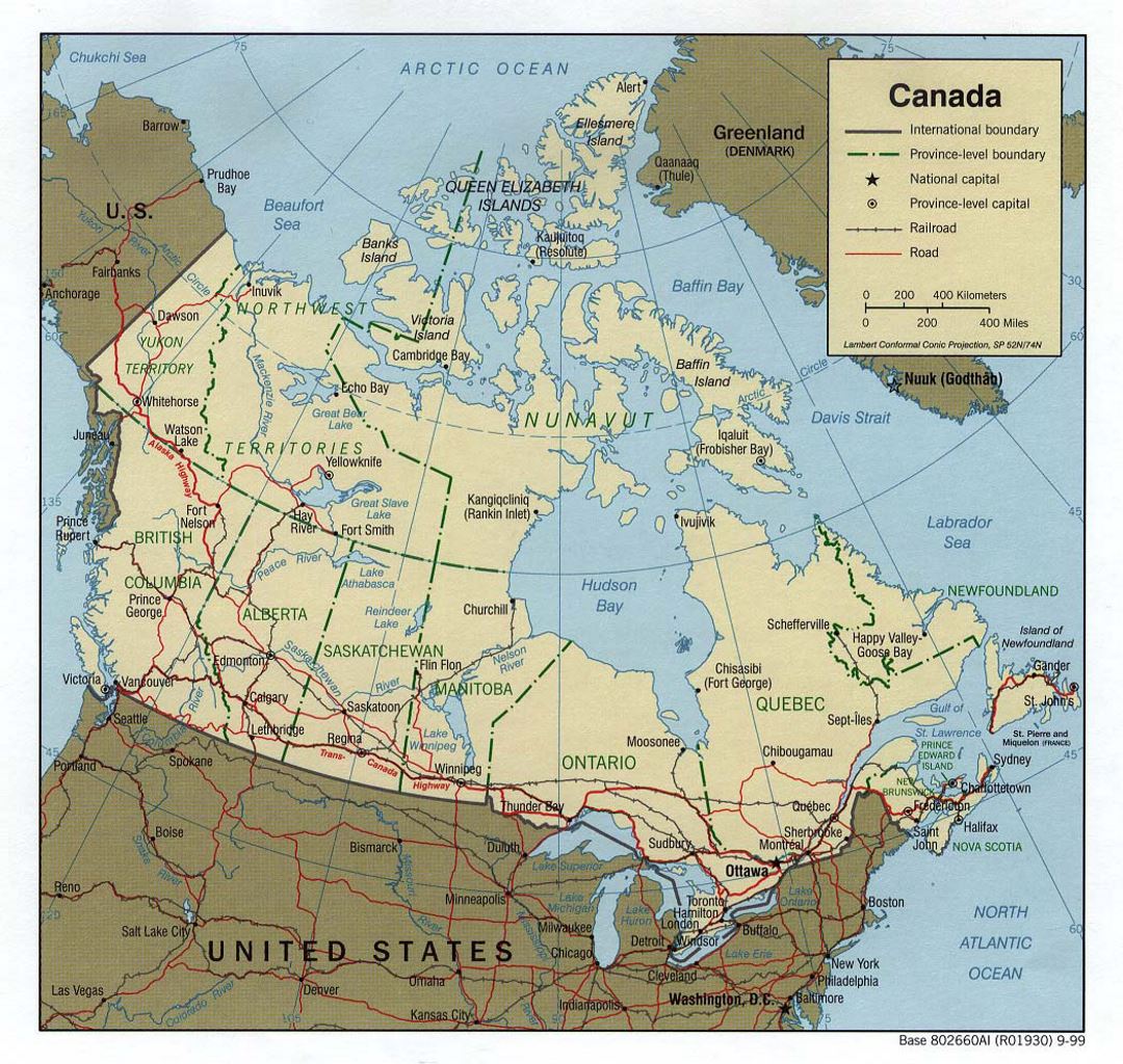Подробная политическая и административная карта Канады с дорогами, железными дорогами и крупными городами - 1999