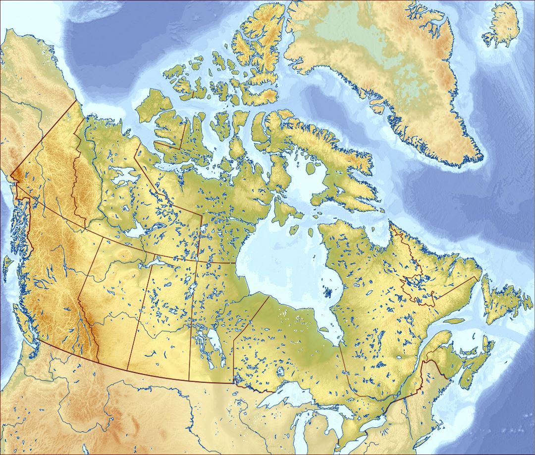 Подробная карта рельефа Канады