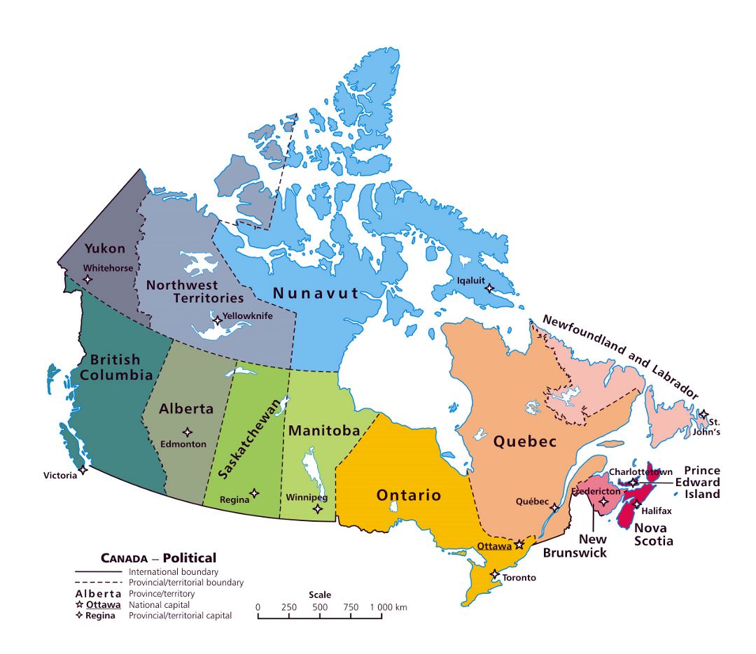 Большая административная карта Канады с крупными городами