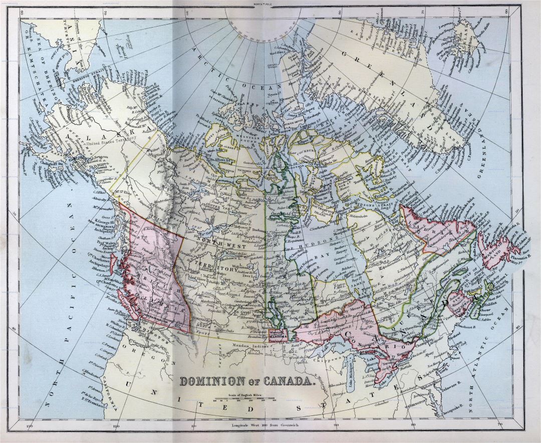 Большая детальная старая политическая и административная карта Канады - 1870