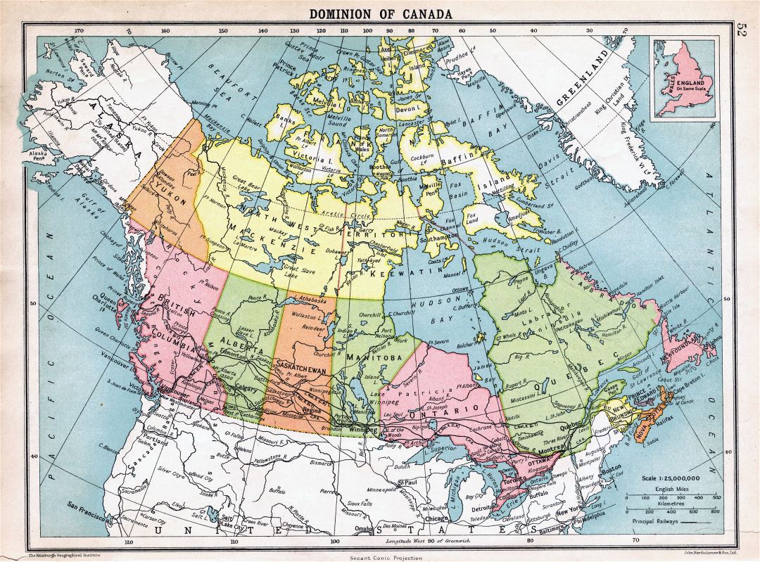 Большая детальная старая политическая и административная карта Канады - 1922