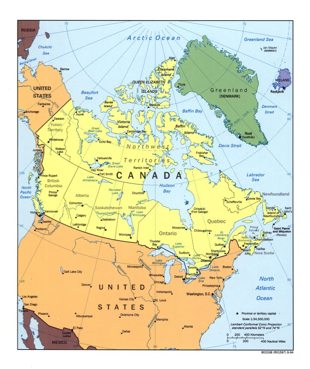 Большая детальная политическая и административная карта Канады с крупными городами - 1994