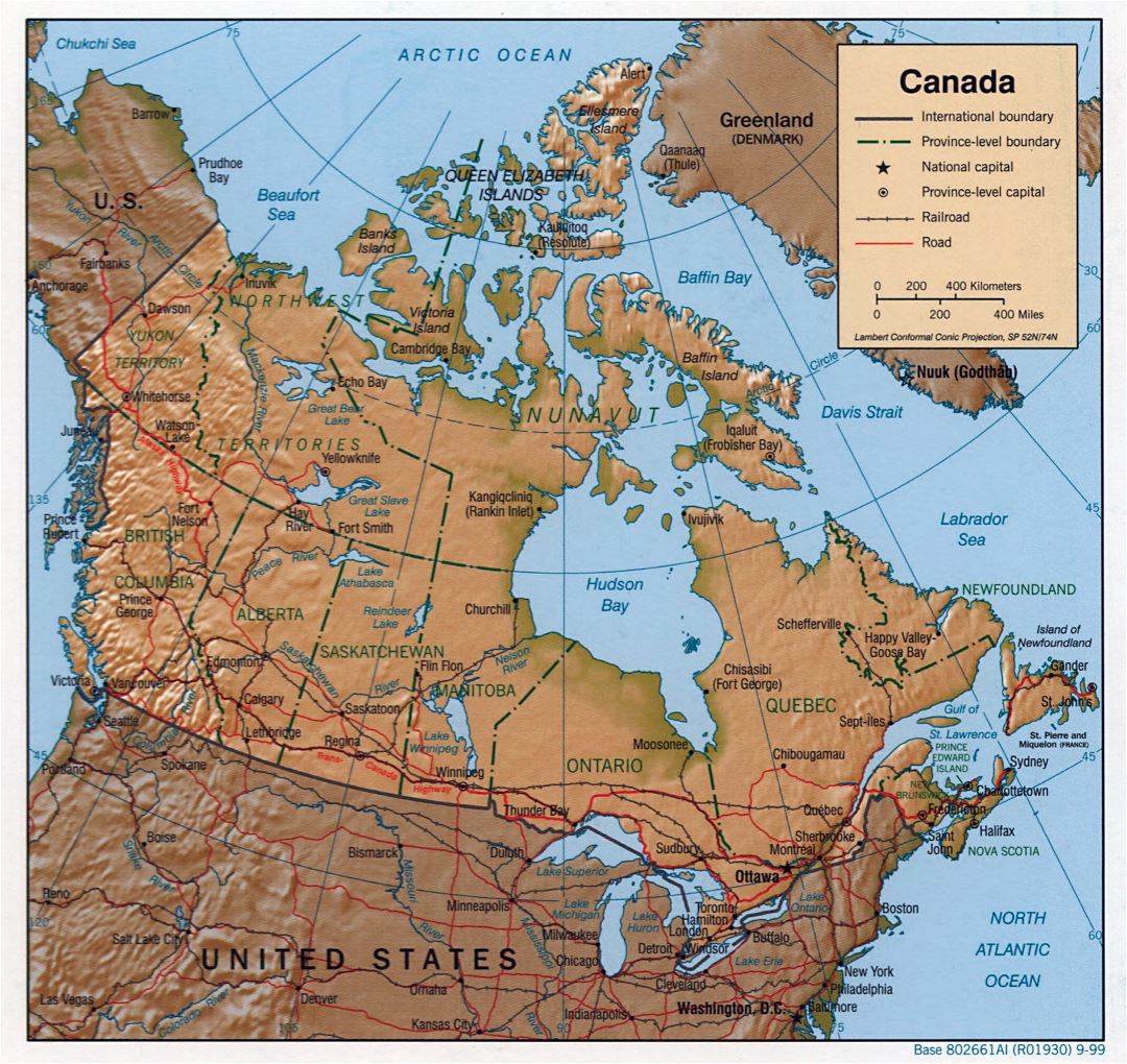 Большая подробная политическая и административная карта Канады с рельефом, дорогами, железными дорогами и крупными городами - 1999