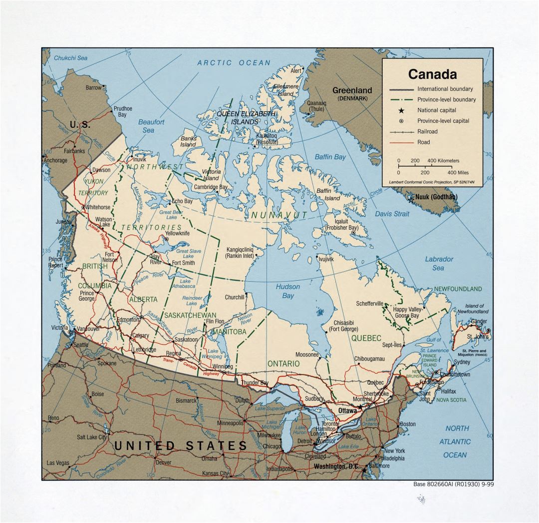 Большая детальная политическая и административная карта Канады с дорогами, железными дорогами и крупными городами - 1999
