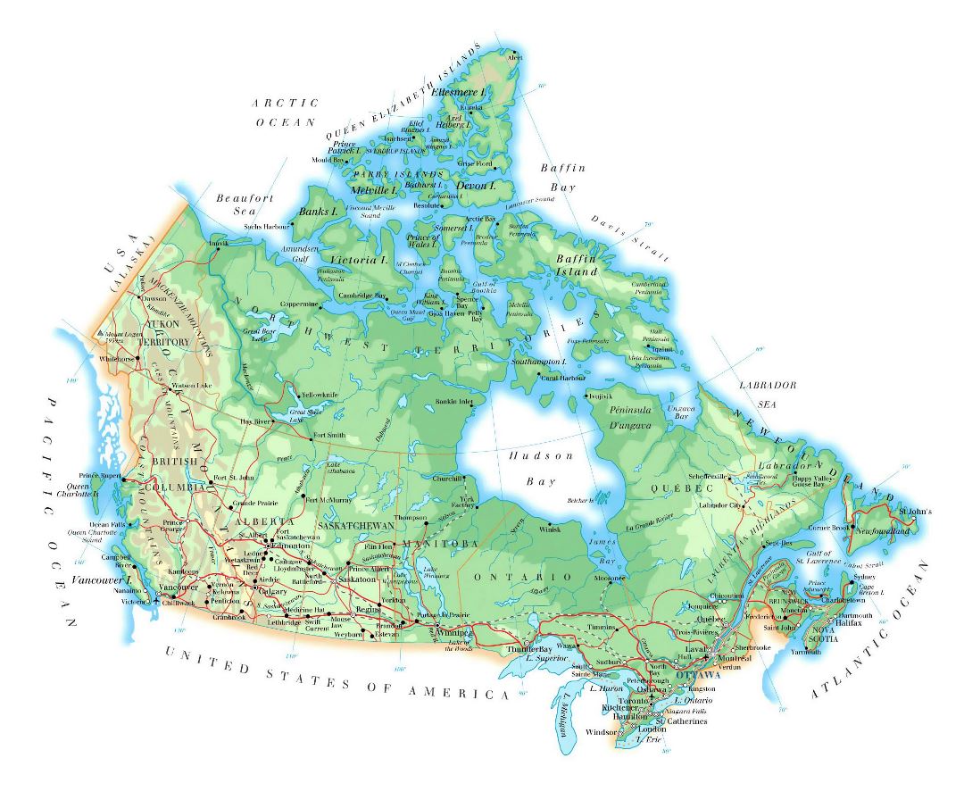 Большая карта высот Канады с дорогами, железными дорогами, крупными городами и аэропортами