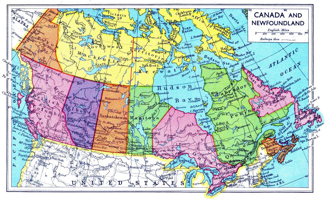 Большая старая политическая и административная карта Канады и Ньюфаундленда