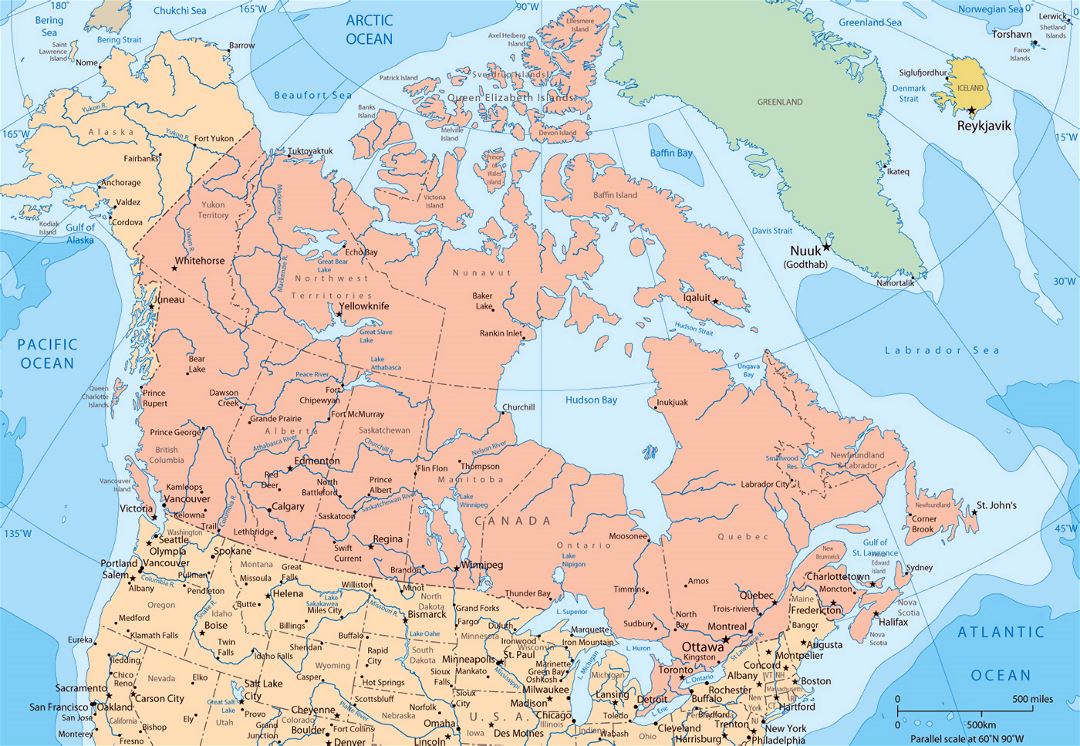 Большая политическая и административная карта Канады