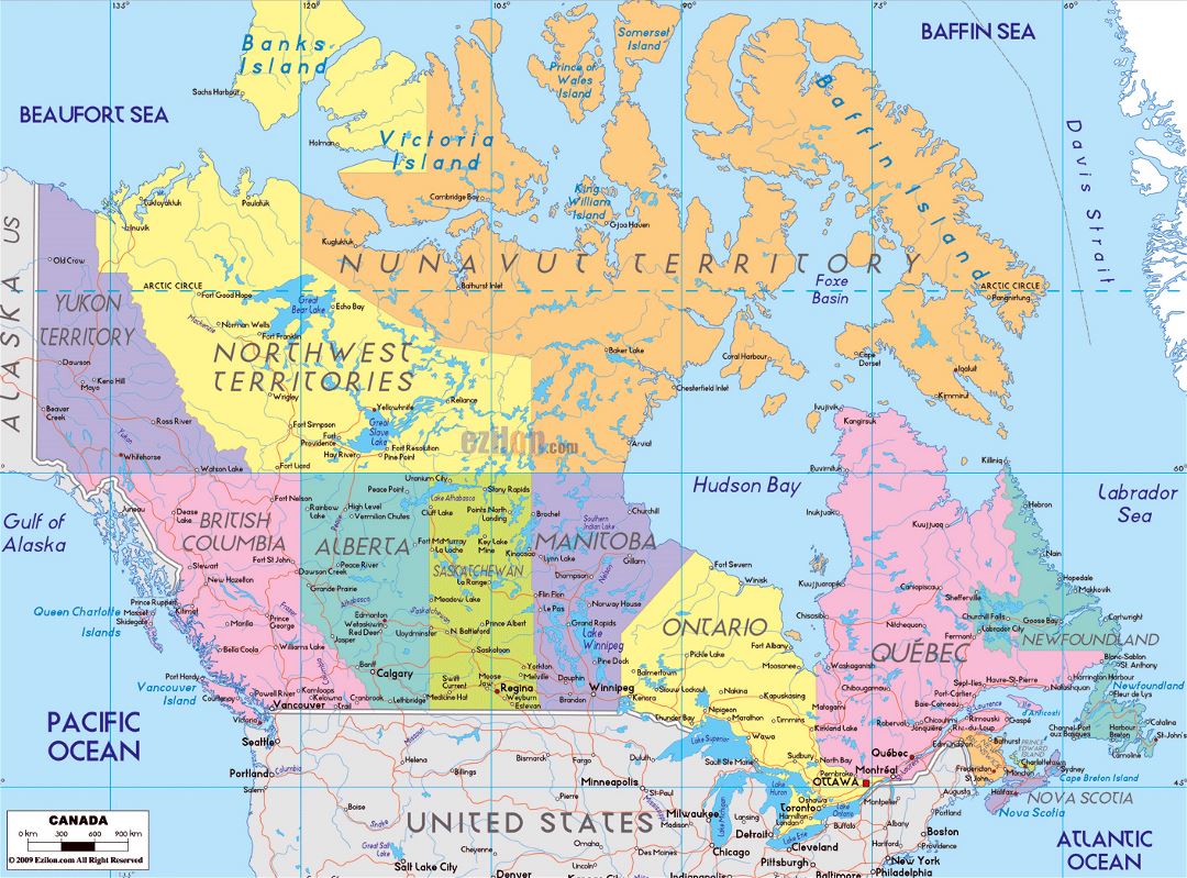 Большая политическая и административная карта Канады с дорогами и городами
