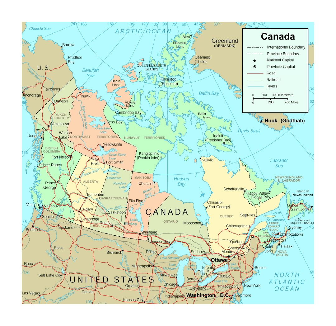 Большая политическая и административная карта Канады с дорогами, железными дорогами, реками и крупными городами