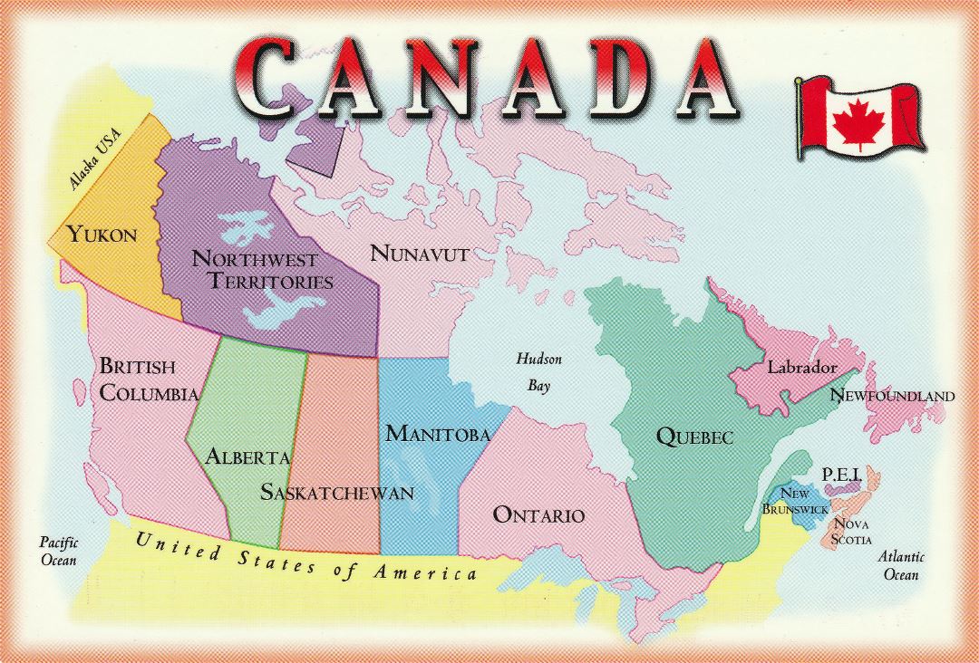 Большая политическая и административная карта открытка Канады