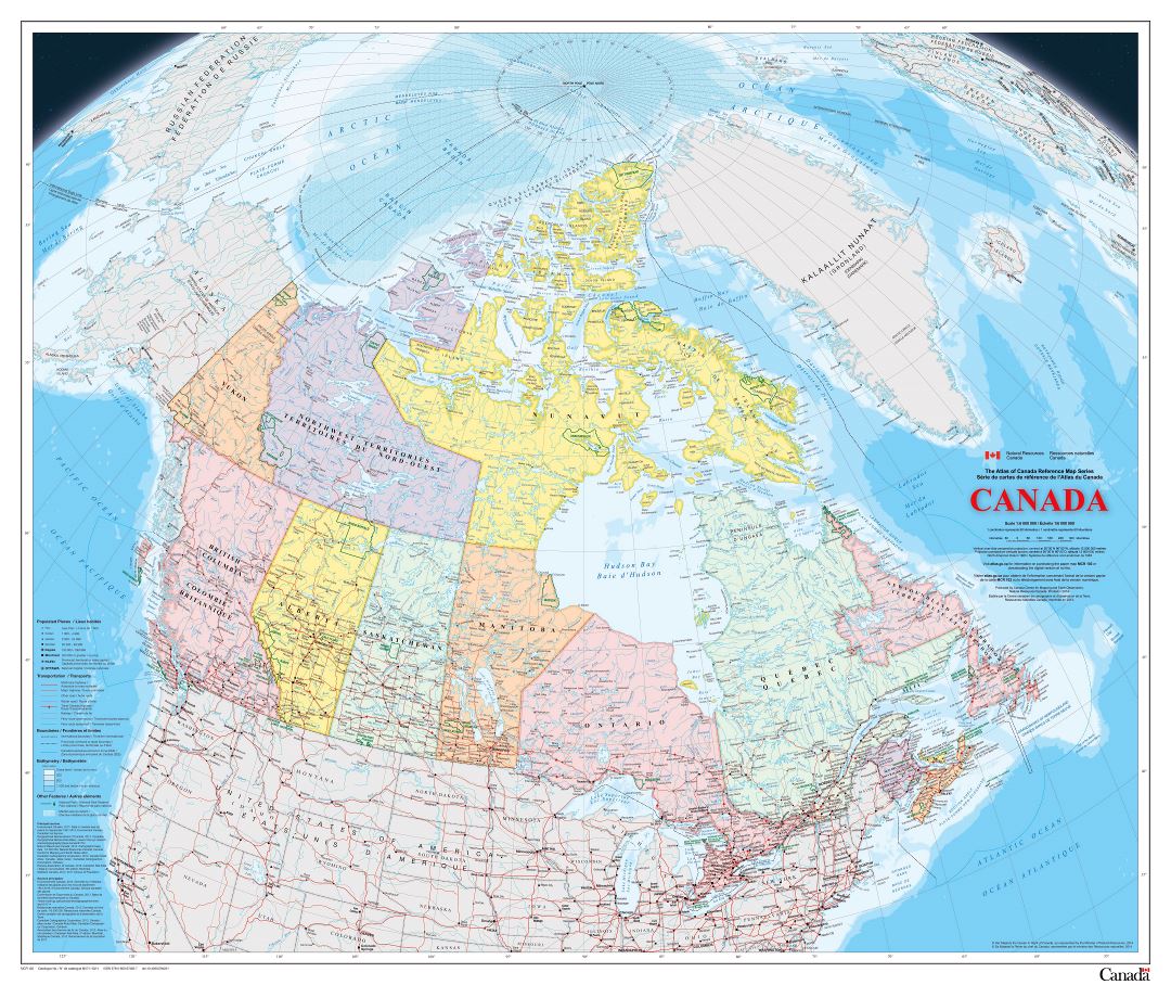 Крупномасштабная политическая и административная карта Канады с дорогами, железными дорогами, городами и другими пометками