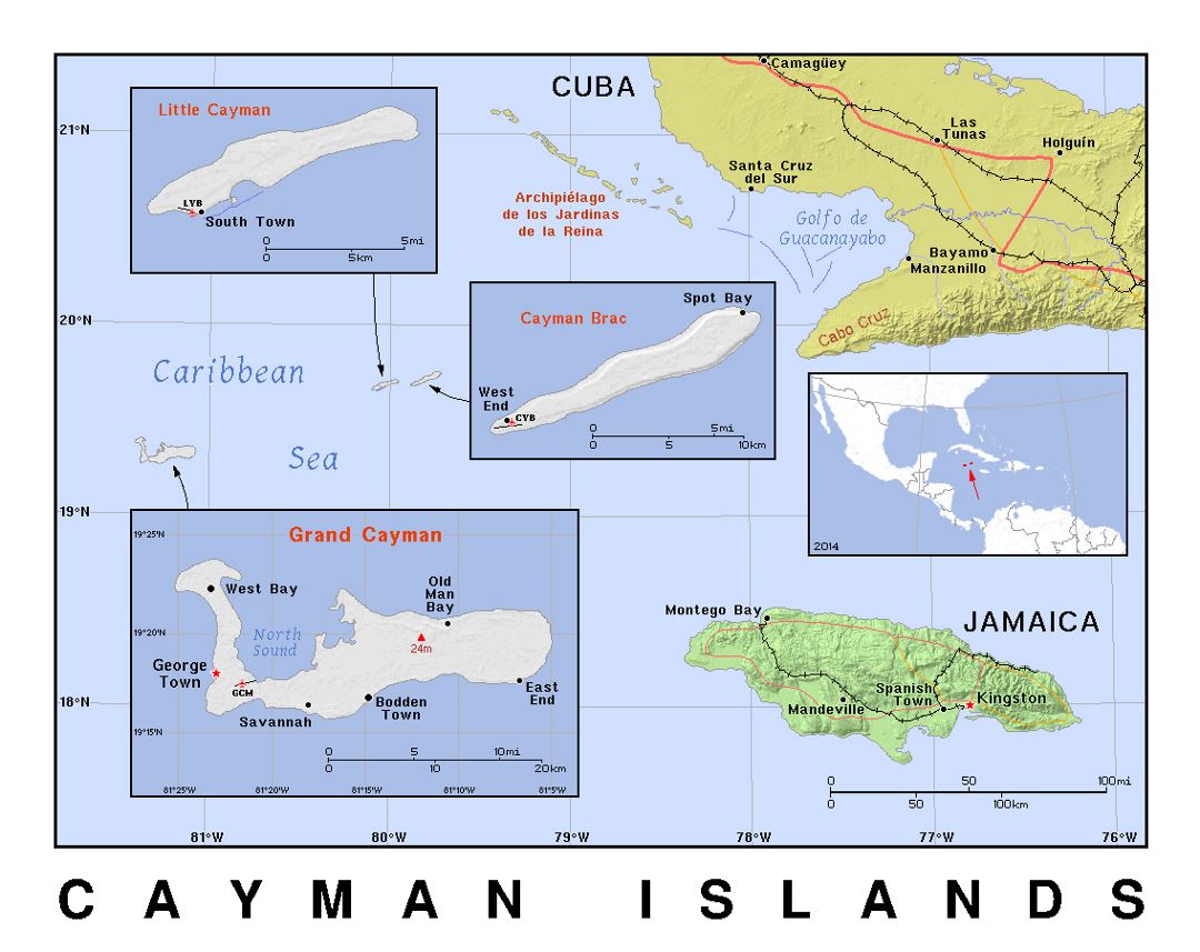 Детальная политическая карта Каймановых островов с рельефом