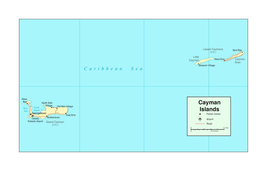 Подробная политическая карта Каймановых островов с дорогами, городами и аэропортами