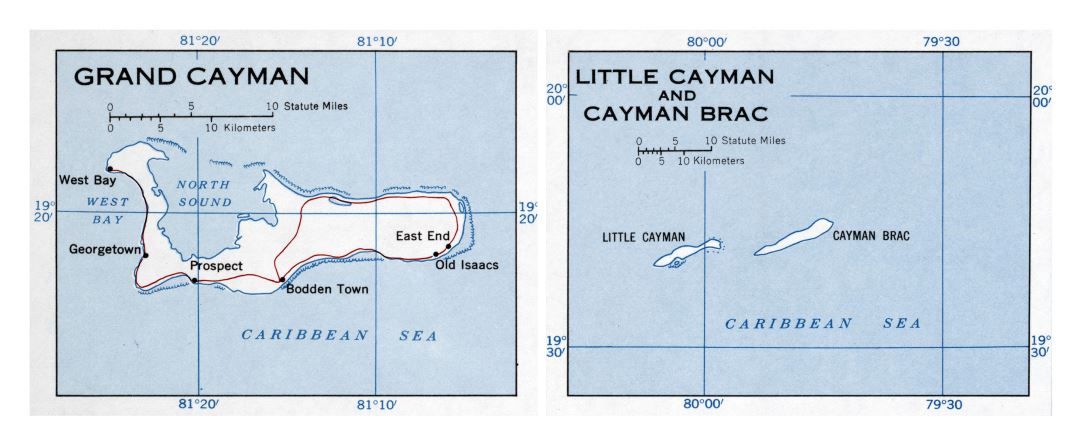 Большая детальная карта Каймановых островов с дорогами и городами - 1958