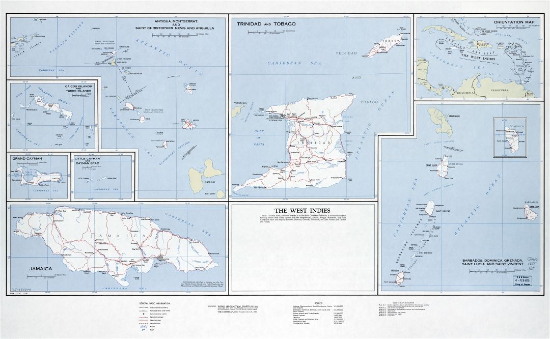 Большая детальная карта Вест-Индии с дорогами, железными дорогами, городами и другими пометками - 1958