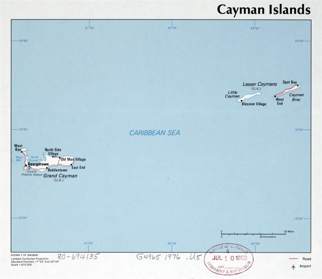 Большая детальная политическая карта Каймановых островов с дорогами, городами и аэропортами - 1976