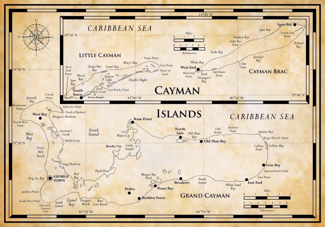Большая карта Каймановых островов в античном стиле
