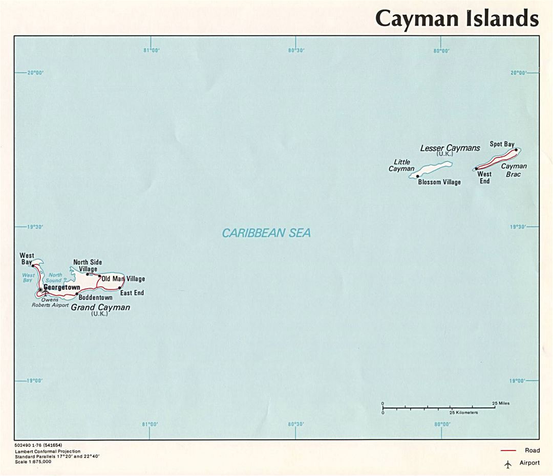 Большая политическая карта Каймановых островов с дорогами, городами и аэропортами - 1976