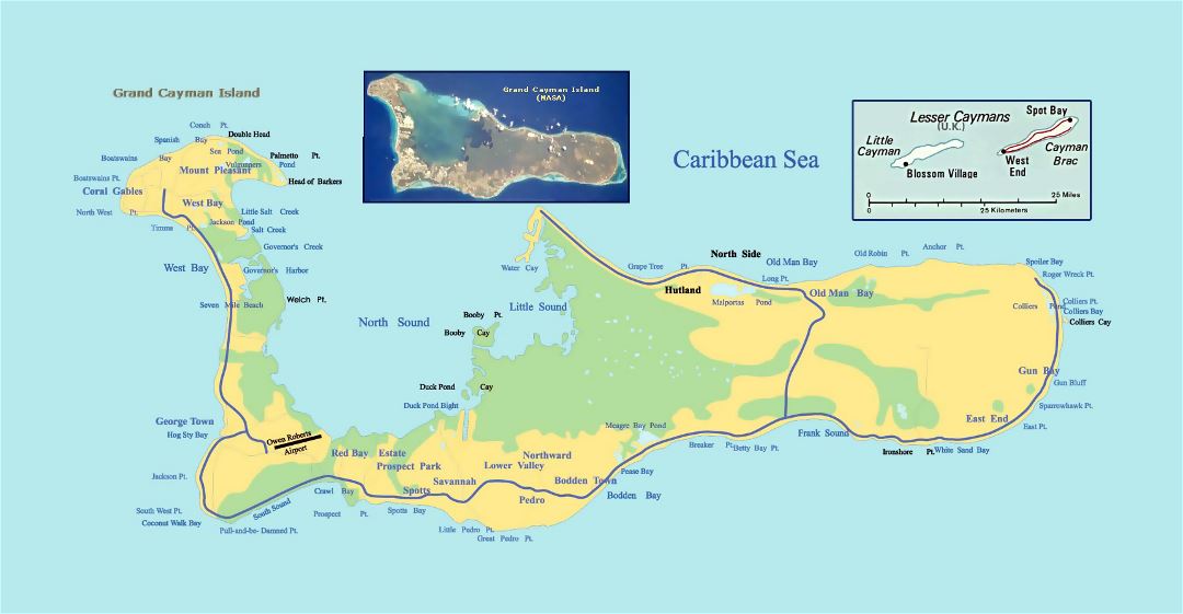Большая карта дорог острова Большой Кайман с другими пометками