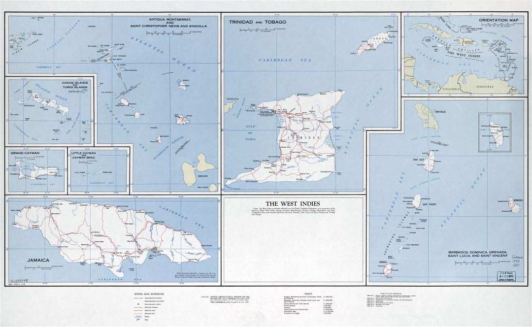 Крупномасштабная детальная карта Вест-Индии с дорогами, железными дорогами, городами и другими пометками - 1958