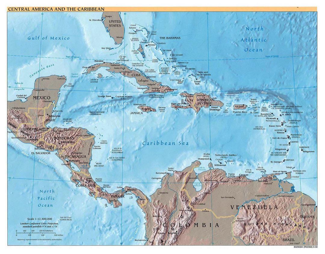 Детальная политическая карта Центральной Америки и Карибов с рельефом - 2002