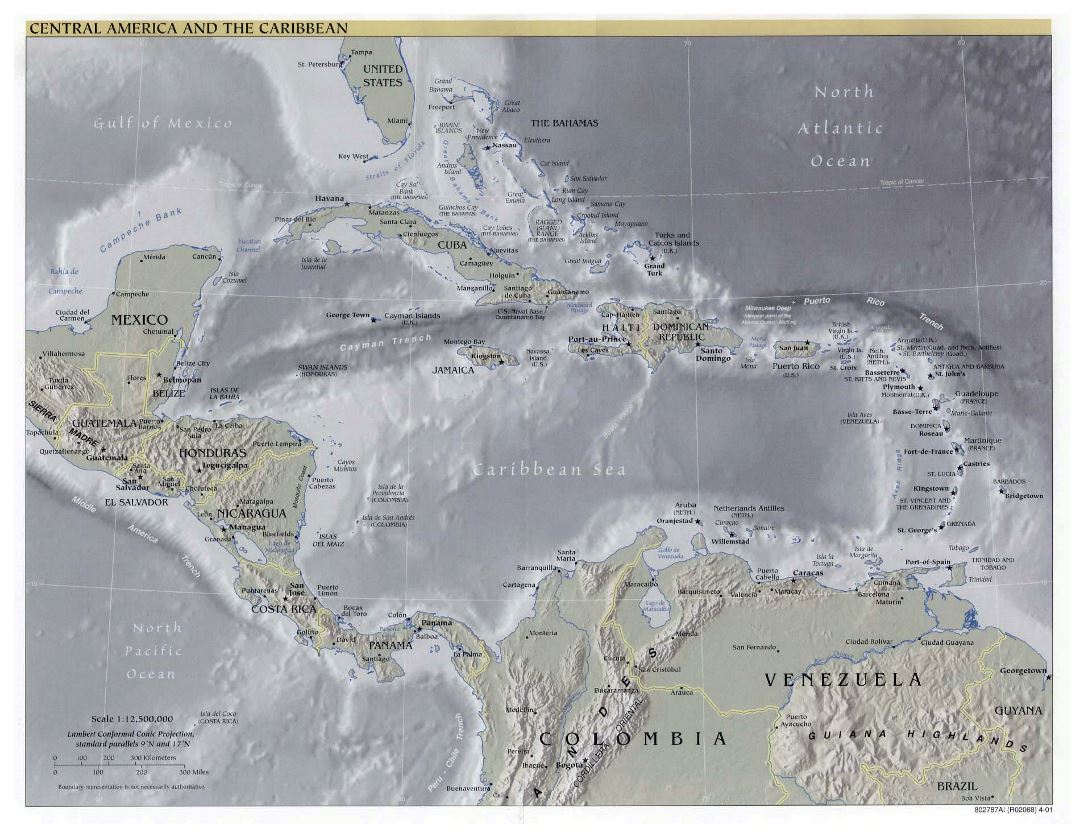 Подробная политическая карта Центральной Америки и Карибских островов с рельефом и городами - 2001