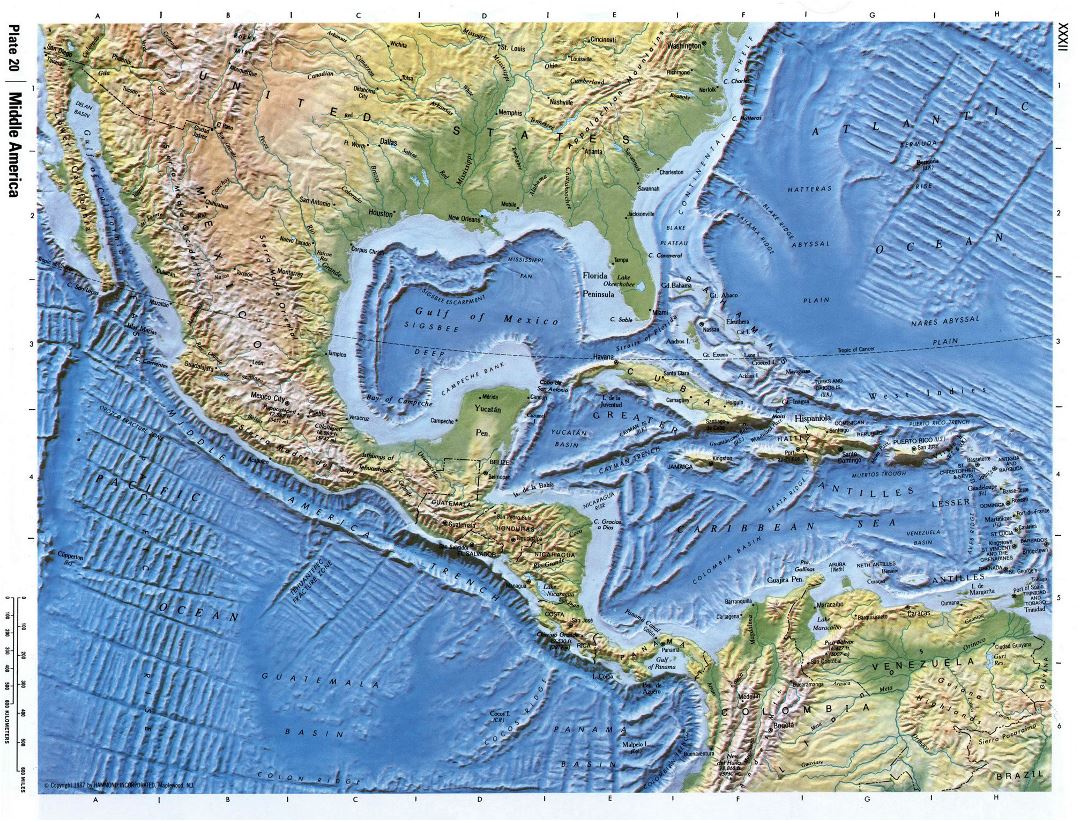 Подробная карта рельефа Центральной Америки