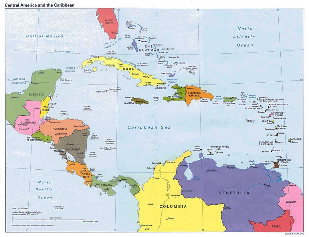 Большая детальная политическая карта Центральной Америки - 1995
