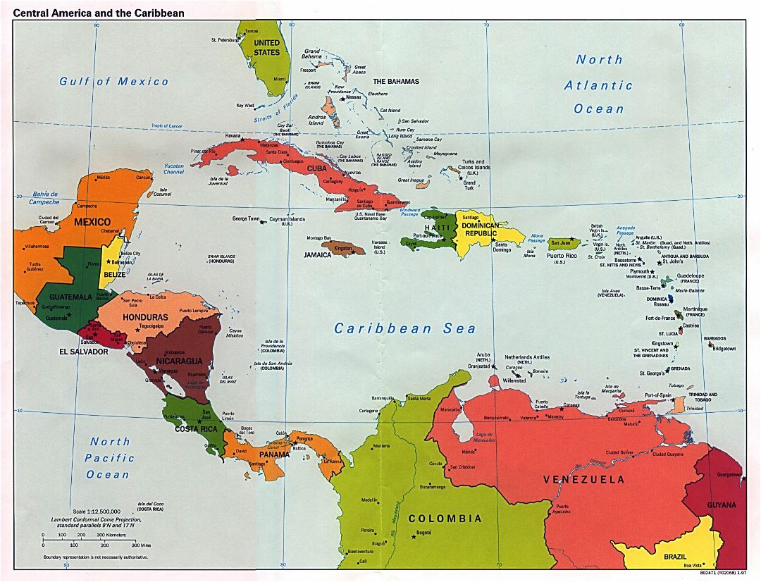 Большая подробная политическая карта Центральной Америки со столицами и крупными городами - 1997
