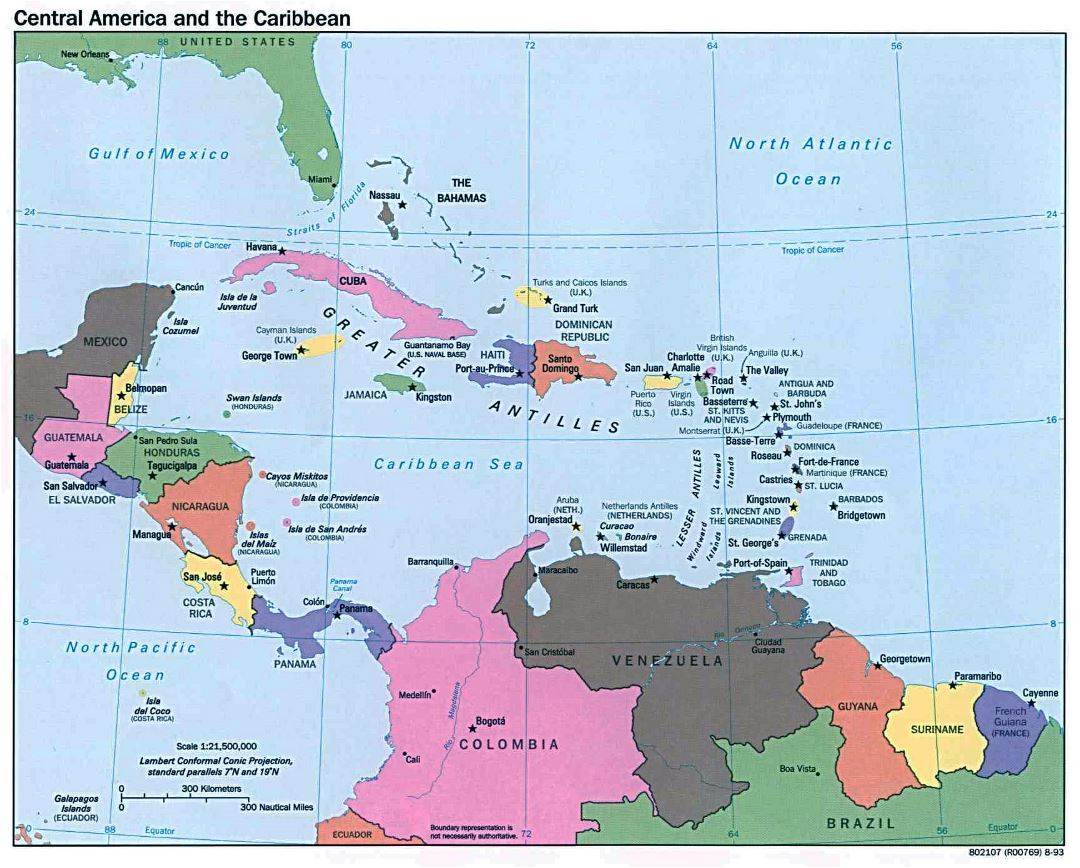 Большая политическая карта Центральной Америки и Карибов со столицами стран - 1993