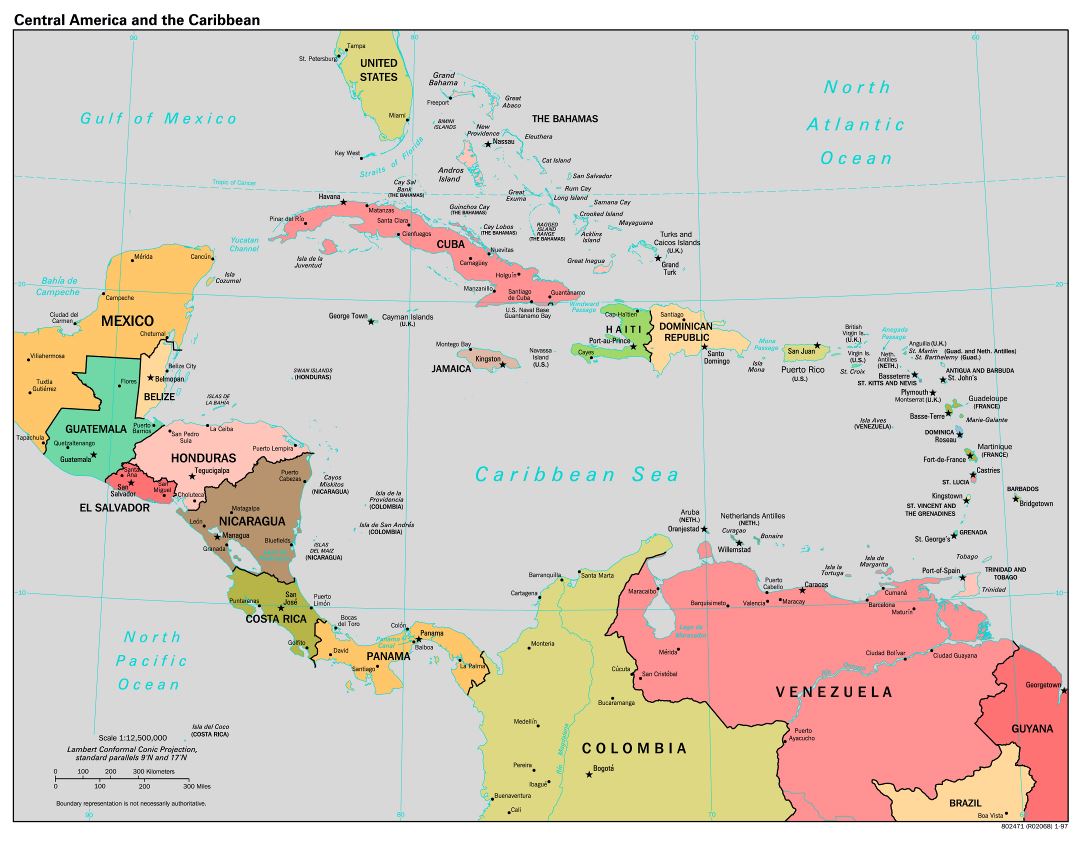Крупномасштабная политическая карта Центральной Америки и Карибского бассейна - 1997