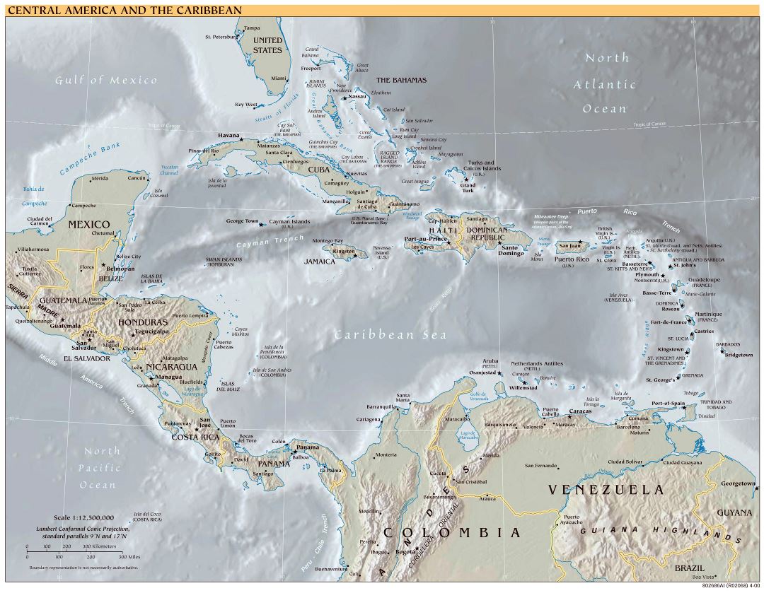 Политическая карта Центральной Америки и Карибов в большом формате с рельефом - 2000