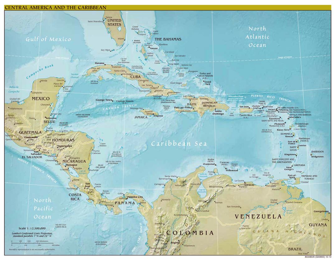 Крупномасштабная политическая карта Центральной Америки и Карибов с рельефом - 2010