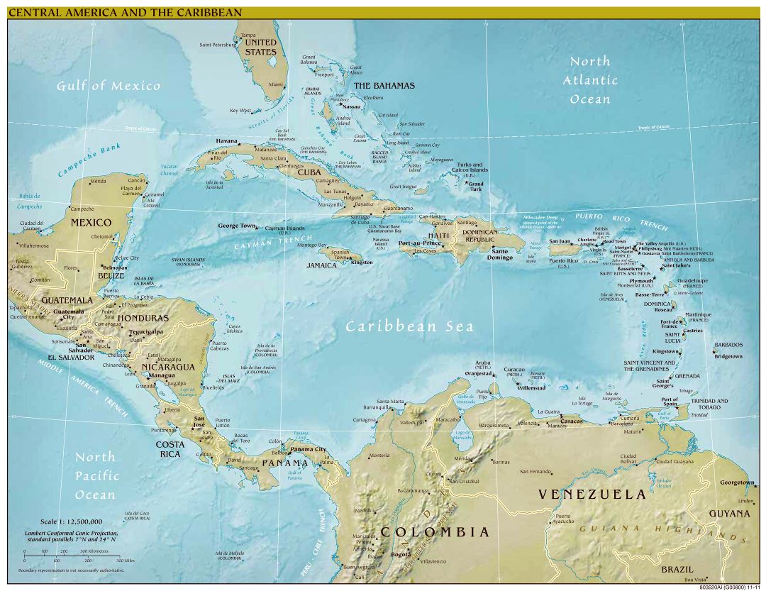 Крупномасштабная политическая карта Центральной Америки и Карибских островов с рельефом и столицами стран - 2011