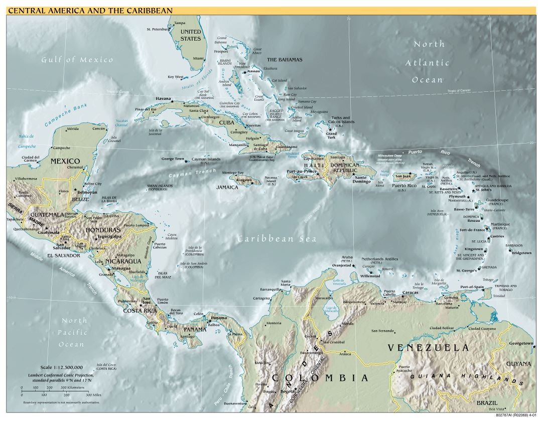 Крупномасштабная политическая карта Центральной Америки и Карибских островов с рельефом, большими городами и столицами - 2001