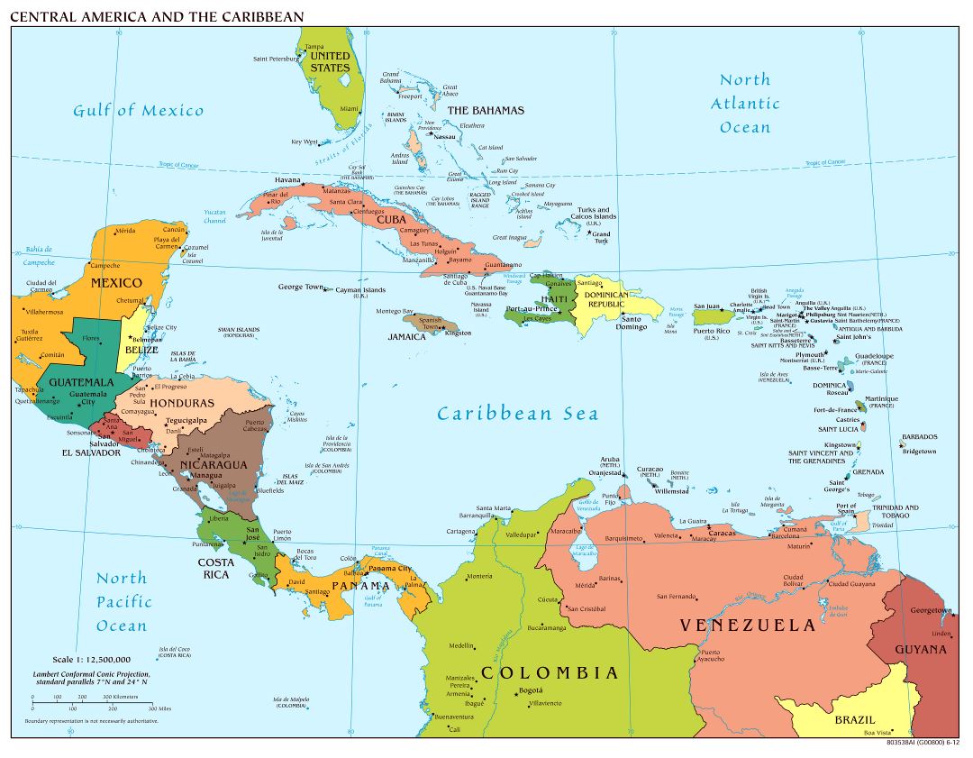 Крупномасштабная политическая карта Центральной Америки с крупными городами - 2012