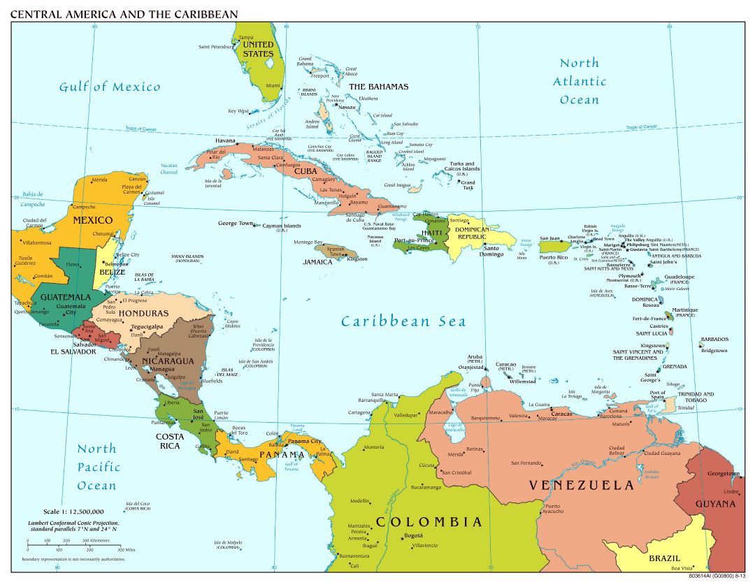 Политическая карта Центральной Америки с большими городами и столицами стран - 2013