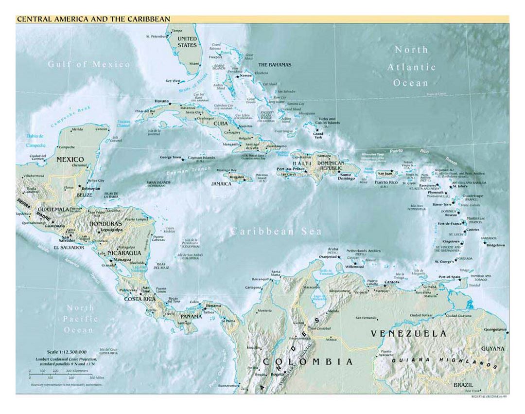 Политическая карта Центральной Америки и Карибского бассейна с рельефом - 1999