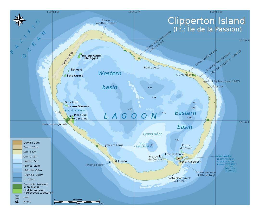 Детальная физическая карта острова Клиппертон с другими картами