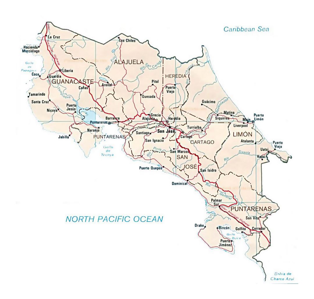Подробная административная карта Коста-Рики с другими пометками