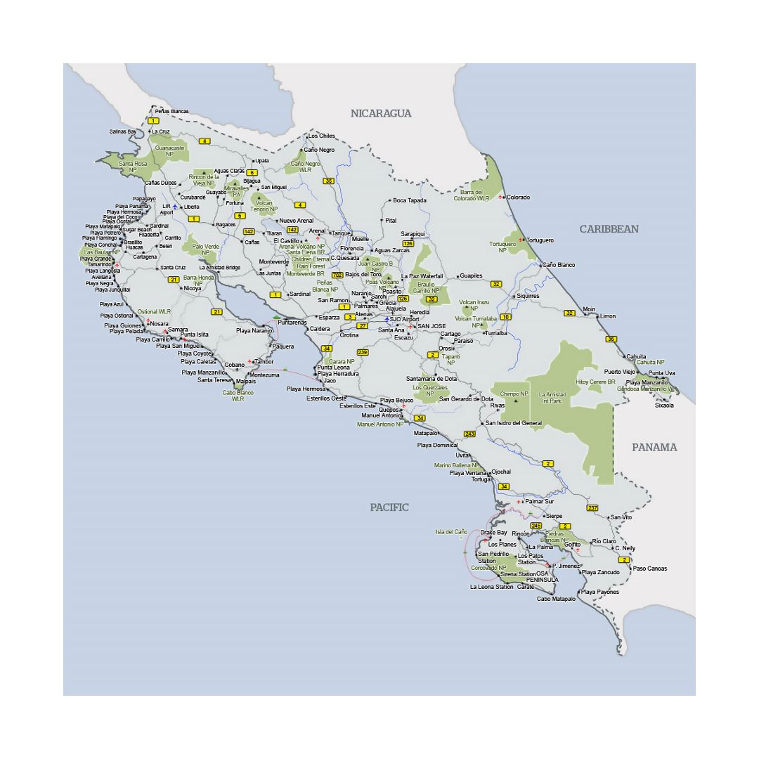 Подробная карта Коста-Рики с городами, национальными парками и другими пометками