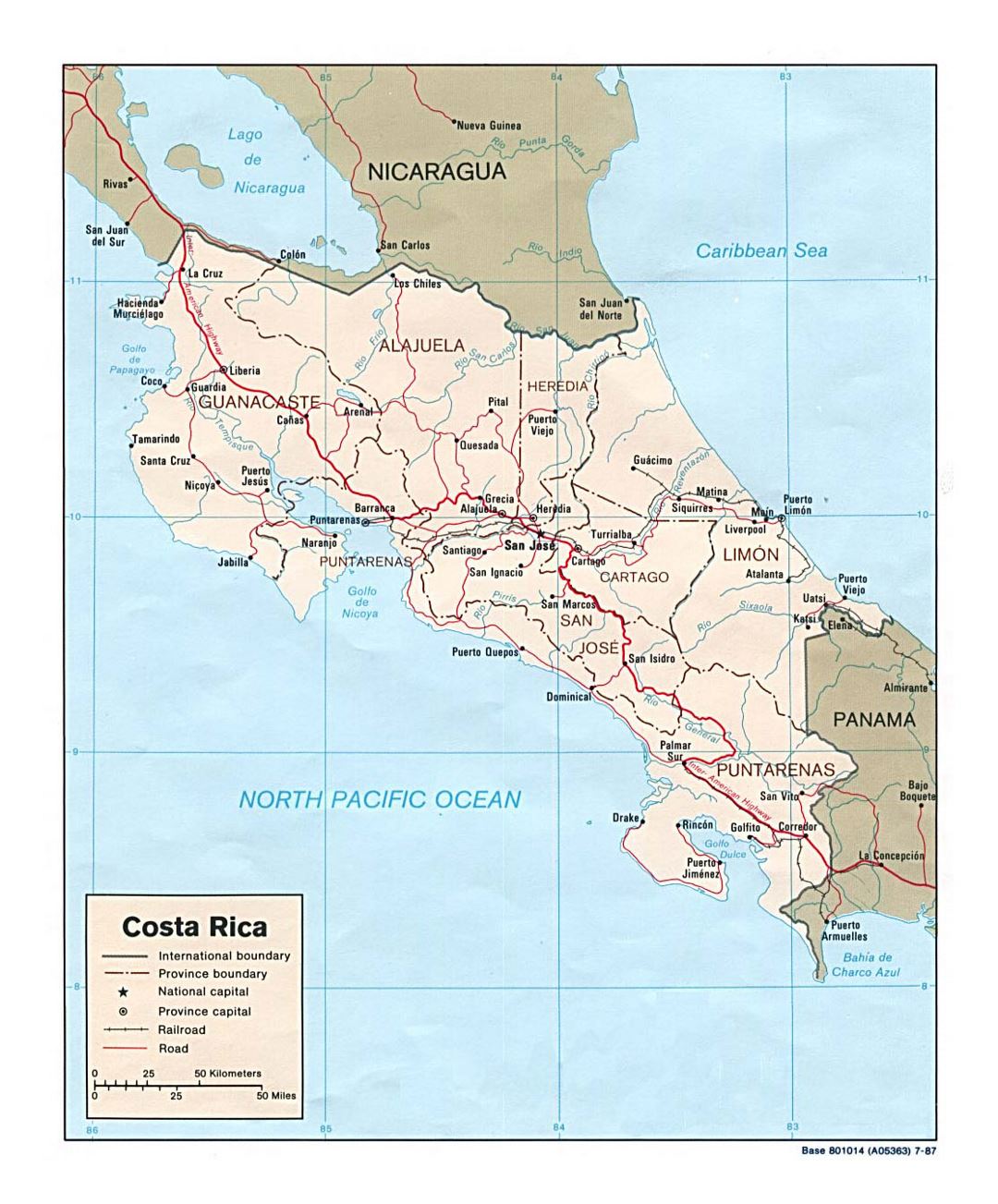 Подробная политическая и административная карта Коста-Рики с дорогами, железными дорогами и крупными городами - 1987